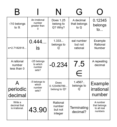 Bingo MAth Bingo Card