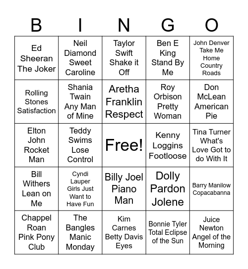 Rock and Roll Bingo Card