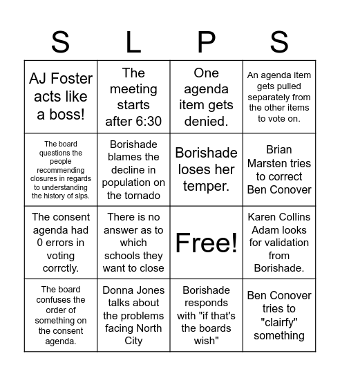 SLPS Board Work Session Bingo Card