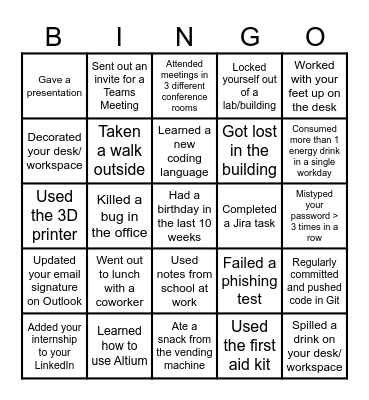 Northrop Grumman Internship Bingo Card