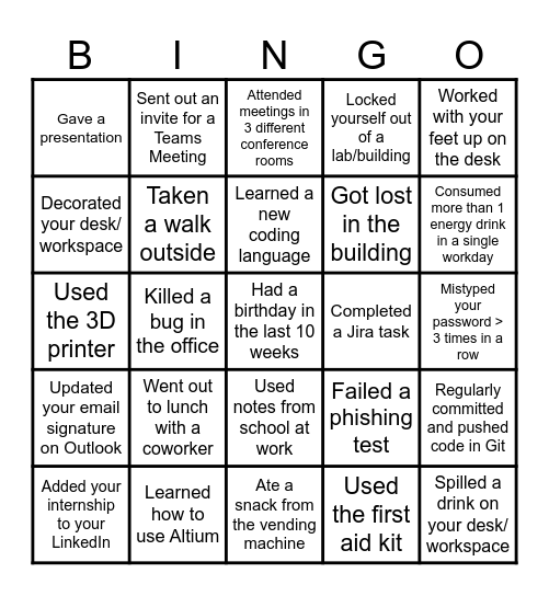 Northrop Grumman Internship Bingo Card