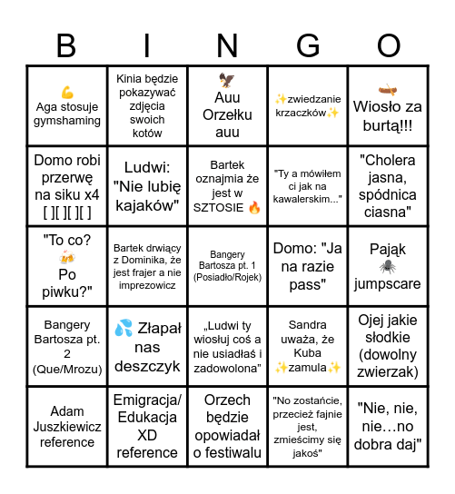 Bingo Kajaki Bingo Card