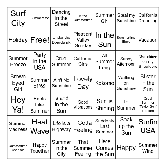 Summer Picnic Music Bingo Card