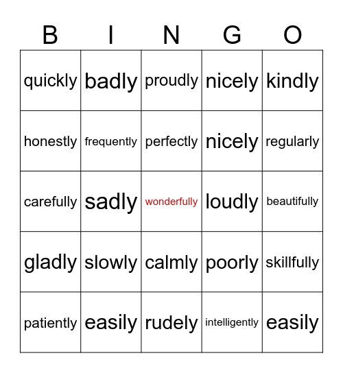 Adverb Bingo! Bingo Card