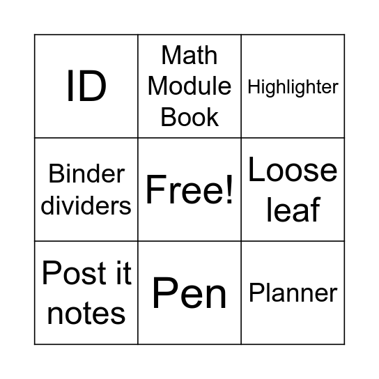 Backpack Bingo Card