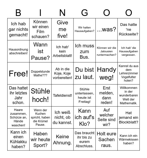 Willkommen in der wunderbaren Welt des Schulbingos Bingo Card