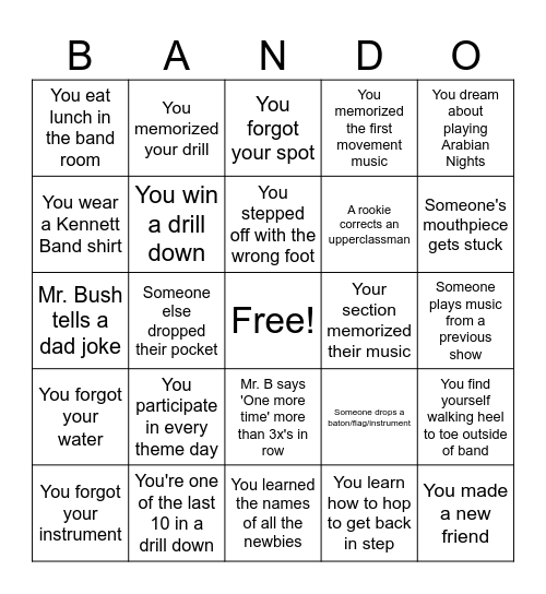 Band Camp 25 Bingo Card
