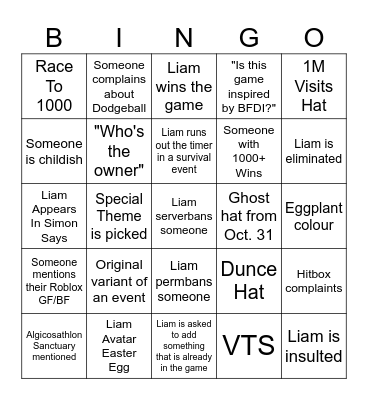 THE ULTIMATE ALGICOSATHLON BINGO (remove or change liam-specific things) Bingo Card