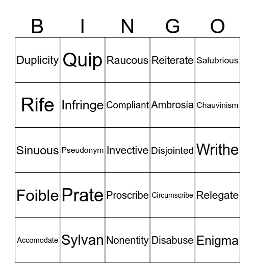 Vocabulary Unit #4 Nina, Eltina, and Carla Bingo Card