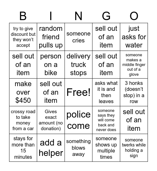 Lemonade stand bingo Card