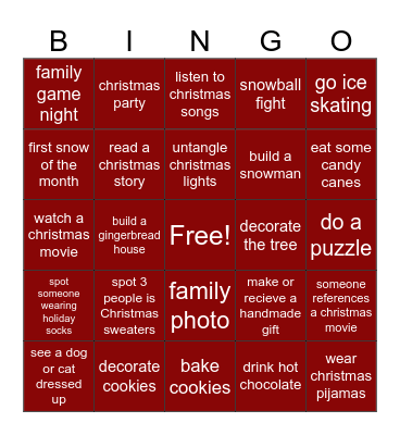 Christmas Themed Bingo Card