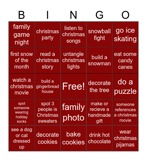 Christmas Themed Bingo Card