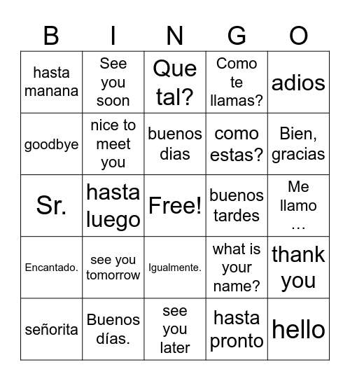 Spanish Greetings Bingo Card