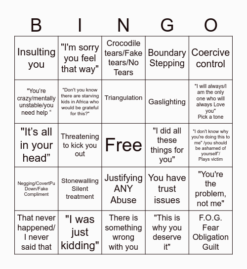 Narcissist Bingo Card