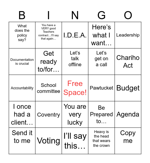 Hide and Speak Legal Bingo Card