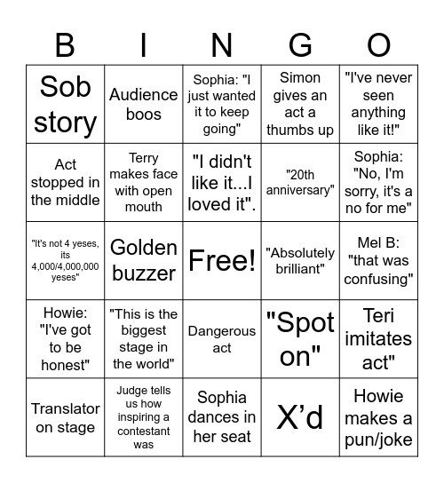 AGT Bingo Card