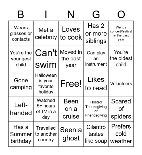 Getting to Know You Bingo Card