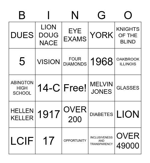 LIONS CLUB Bingo Card