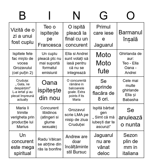 Insula Iubirii sezonul 9 Bingo Card