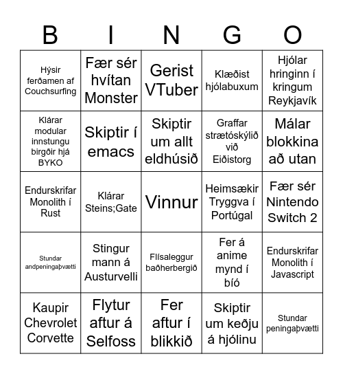 Hvað gerir Jaan í fríinu Bingo Card