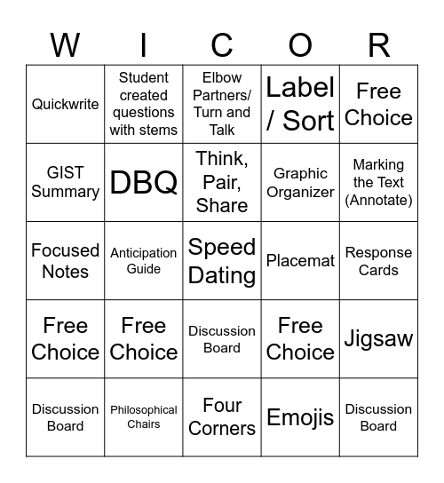 DMS Supporting Literacy Practices Bingo Card