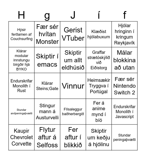 Hvað gerir Jaan í fríinu Bingo Card