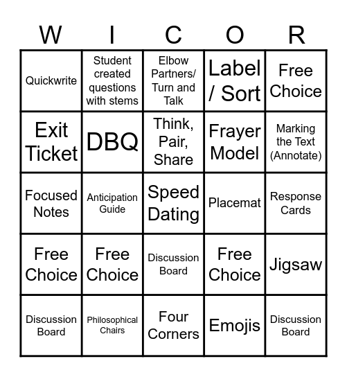 DMS Supporting Literacy Practices Bingo Card