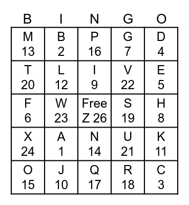 ASL Letter/Number Bingo Card