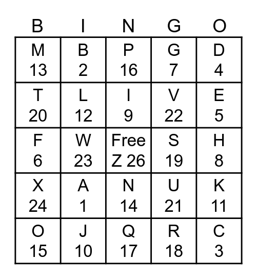 ASL Letter/Number Bingo Card
