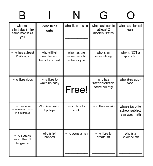 Find a Friend Bingo Card