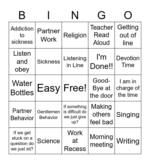 Classroom Rules Bingo Card