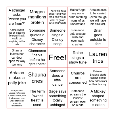 Disney Vacation Bingo Card