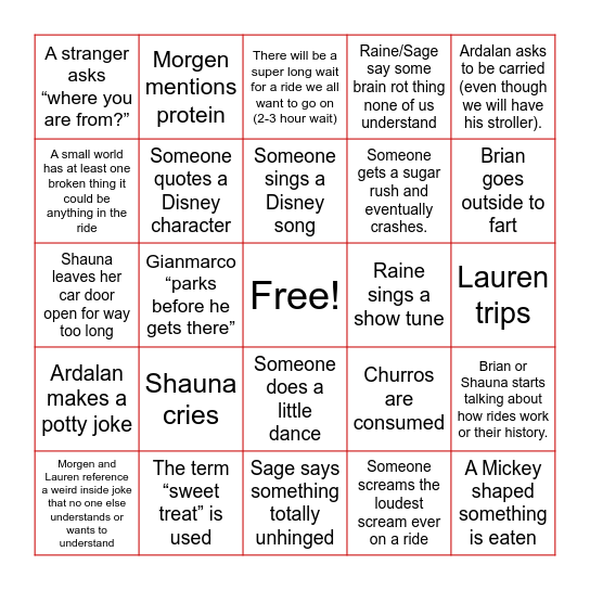 Disney Vacation Bingo Card