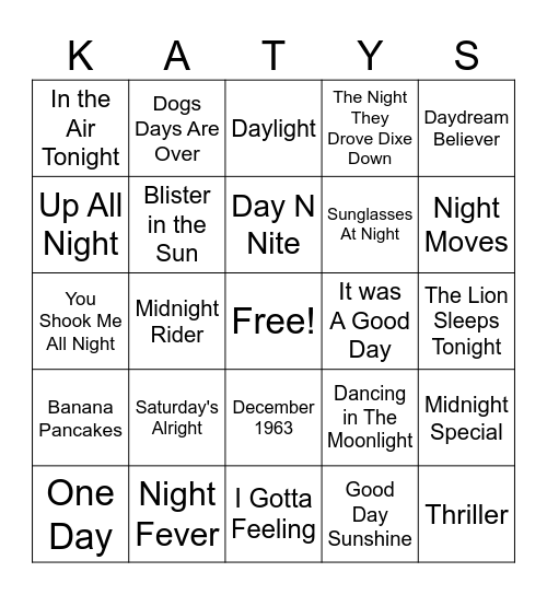 Day N Nite Bingo Card
