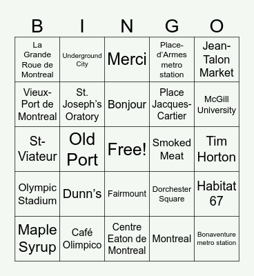 Montreal Bingo Card