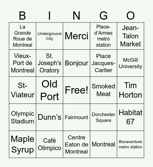 Montreal Bingo Card