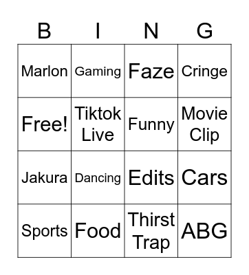 Tiktok Bingo Card