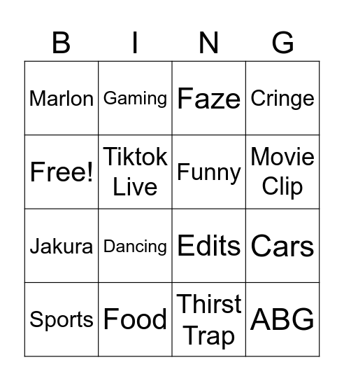 Tiktok Bingo Card