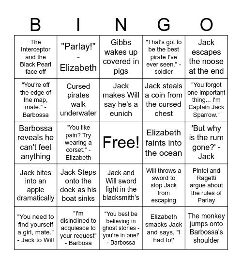 Curse of the Black Pearl Bingo Card