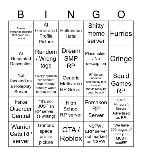 shitty discord RP bingo Card