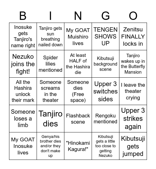 Demon Slayer Movie Bingo Card