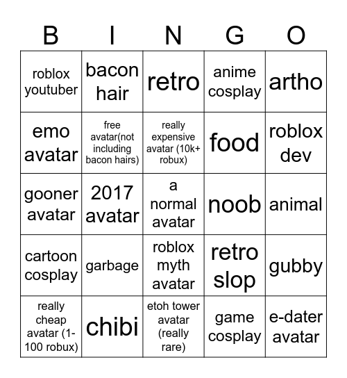 roblox avatar Bingo Card
