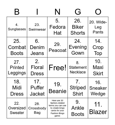 Fashion Bingo Card