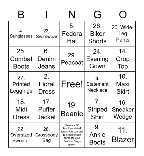Fashion Bingo Card