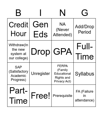College Lingo Bingo - RCSJ EOF Bingo Card