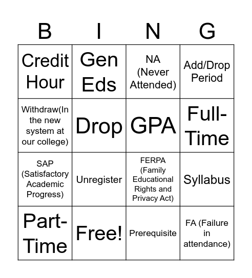 College Lingo Bingo - RCSJ EOF Bingo Card