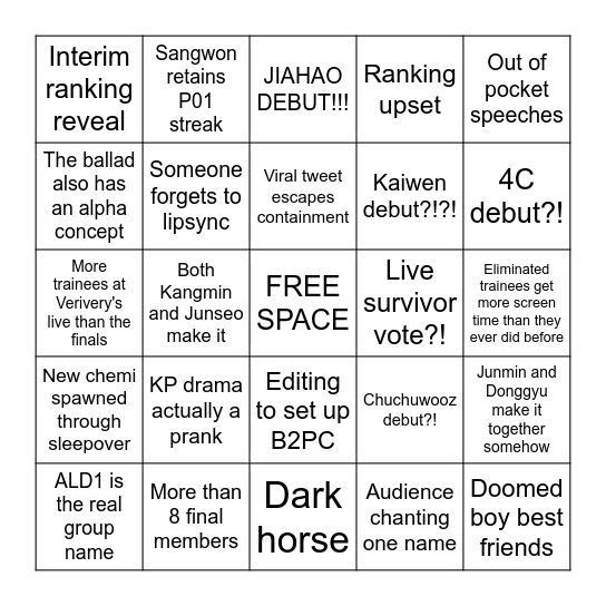 Finale Predictions Bingo Card