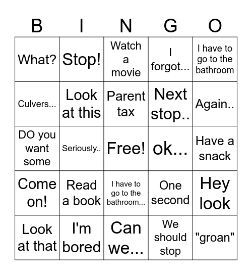 Car Phrases Bingo Card