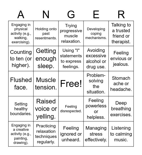 Anger Bingo Card