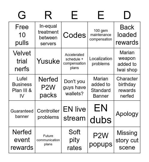 Persona 5: The Phantom X V1.2 Livestream Bingo Card